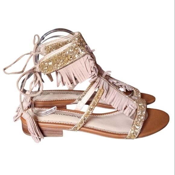 Soft Surroundings Gold Glitter Tan Fringe Tie Ankle Gladiator Style Sandals Sz 8 - Picture 1 of 7
